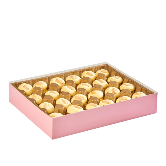 El Abd Ghorayeba with Almonds, tray of 72 soft butter cookies topped with almonds in a pink box, available at Elsouk Canada