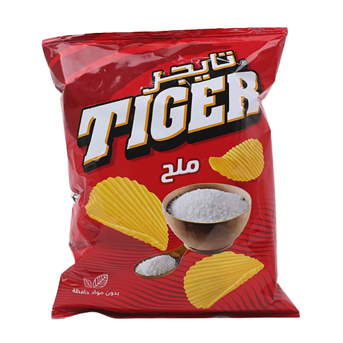 Golden tiger salt chips in a bowl, crispy snack with visible salt crystals, showcasing the Tiger brand snack.