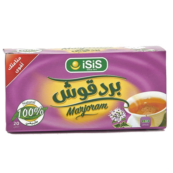 iSiS Marjoram herbal tea filters, 20-pack, with dried marjoram herbs in transparent packaging, ready for brewing.
