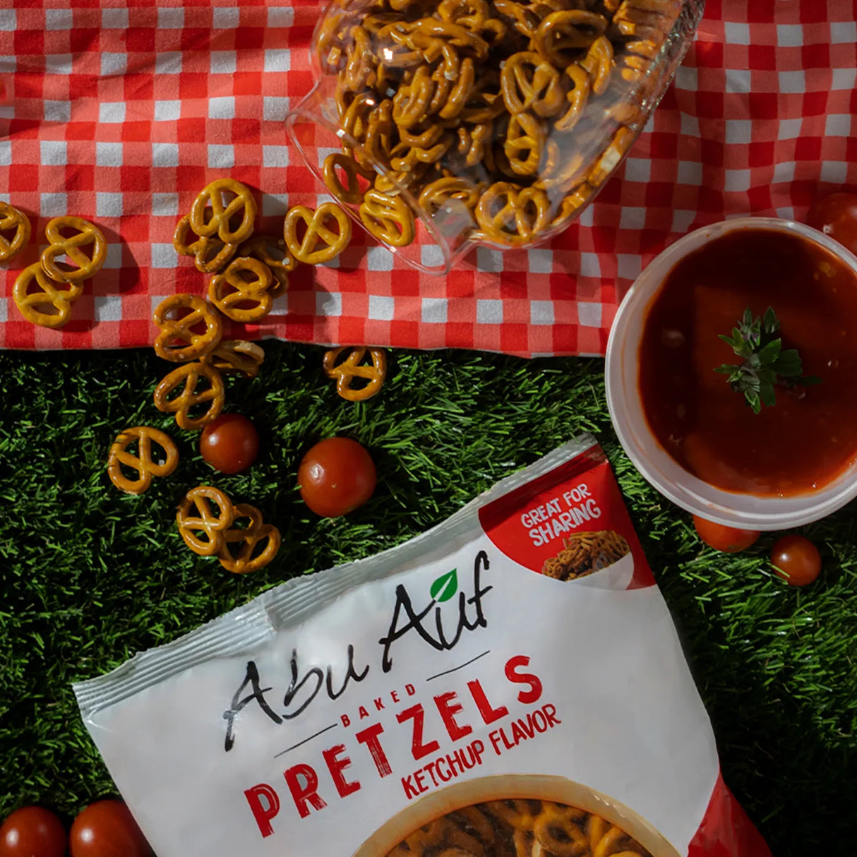 Pretzels ketchup snack with ketchup bowl on red mat for Elsouk