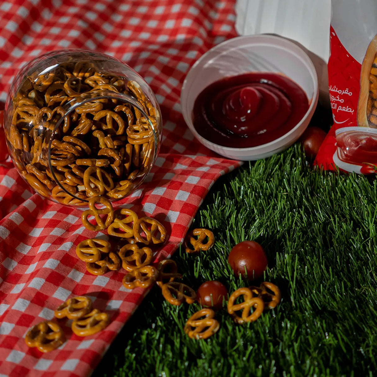 Closeup of ketchup pretzels with dip on checkered mat by Elsouk