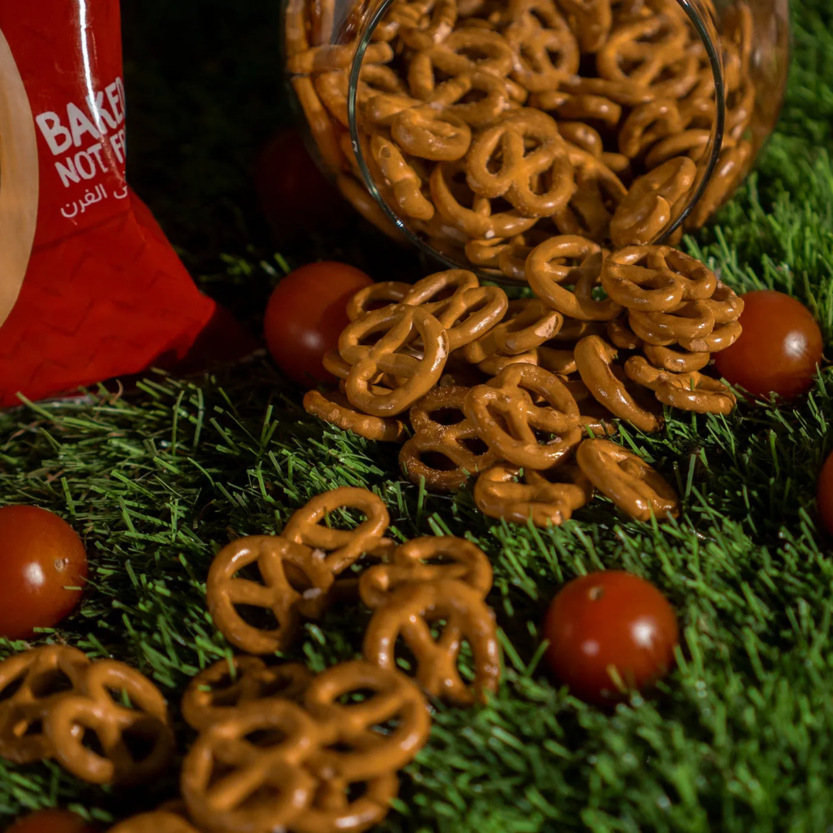 Pretzels ketchup flavor pack beside tomatoes and crunchy pieces Elsouk