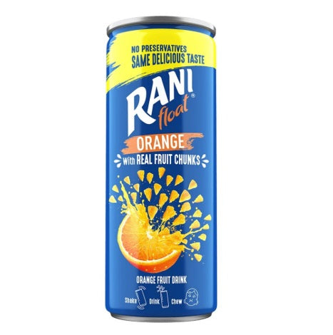 RANI Orange Drink 240ml bottle with bright orange liquid and label showing fresh orange slices and brand logo.