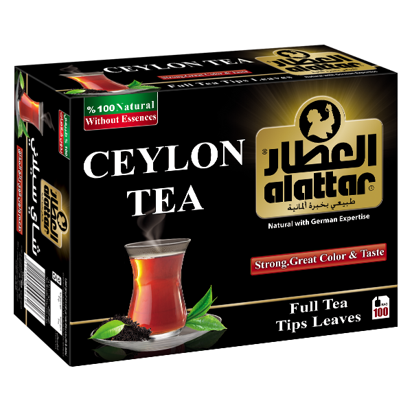 Alattar Ceylon Tea in a tea bag with dried Ceylon tea leaves, showcasing the premium tea brand Alattar.