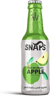 Snaps, Non-Alcoholic Malt Drink, Apple Flavor, 250ml, Made in Egypt, green and silver glass bottle on white background, available at Elsouk Canada