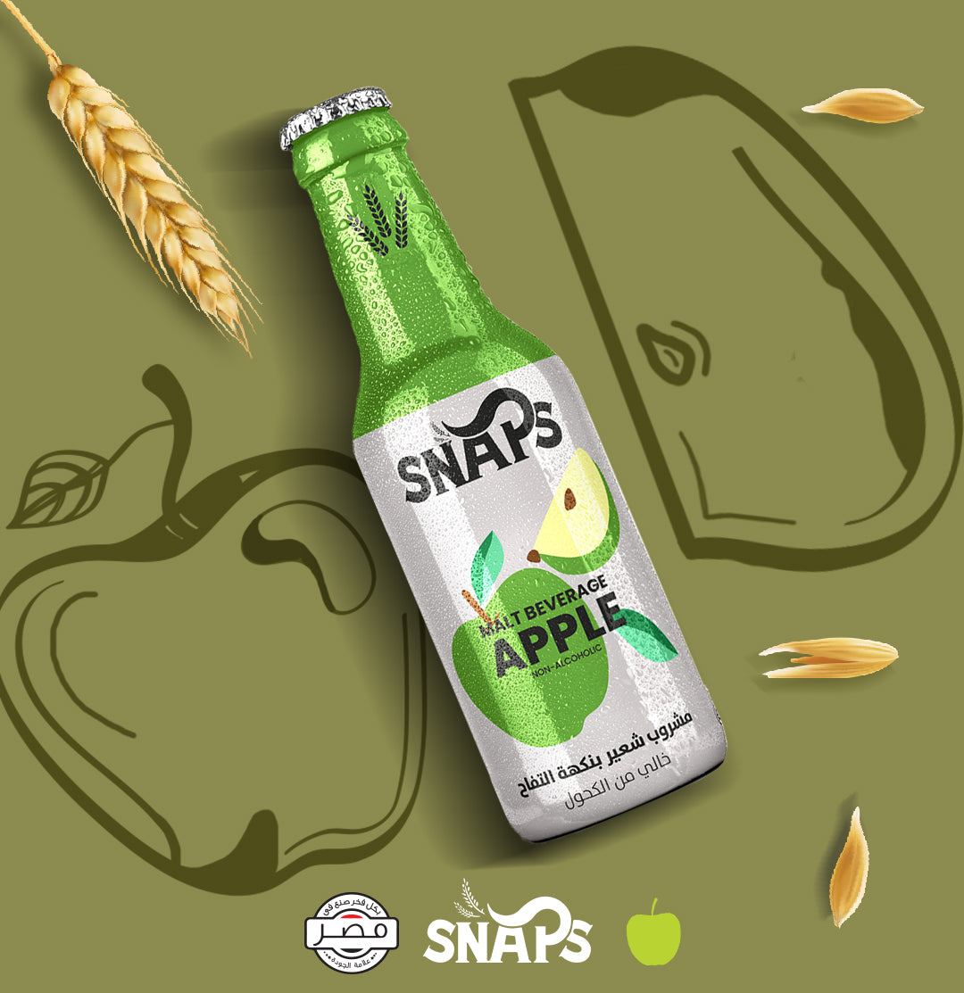 Snaps, Non-Alcoholic Malt Drink, Apple Flavor, 250ml, Made in Egypt, glass bottle on green background with apple and wheat graphics, available at Elsouk Canada