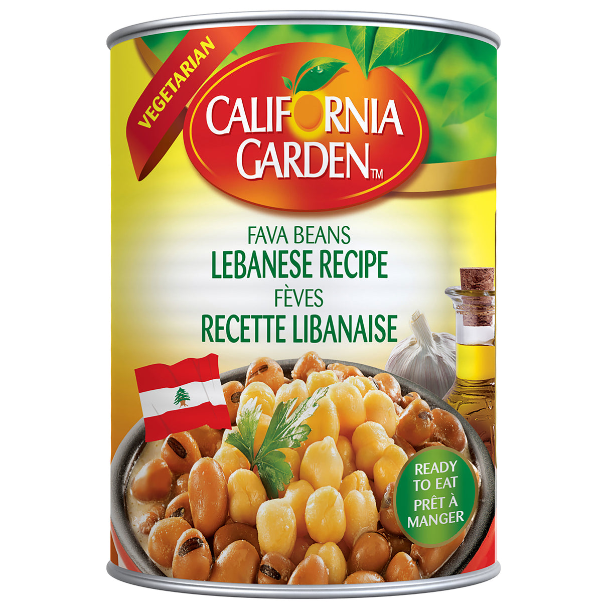 Canned Lebanese Fava Beans from California Garden, featuring green fava beans in a clear can with label visible.