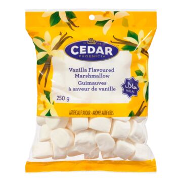 Cedar vanilla marshmallow with smooth vanilla flavor and soft, fluffy texture, shown in close-up on a white background.