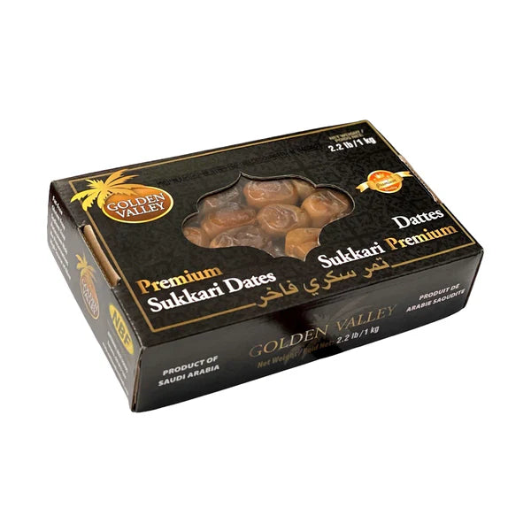 Golden Pyramids Sukkari Rotab Dates in a 1kg pack, showcasing glossy, plump, and moist traditional Arabic date variety