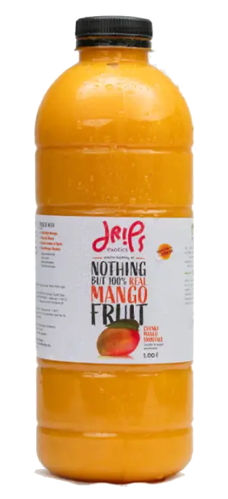 Drips Mango Ewaies Chunky Smoothie with fresh mango pieces in a glass, showcasing vibrant orange color and chunky texture.