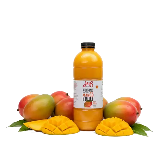 A glass of Mango Ewaies Chunky Smoothie by Drips with visible mango chunks and a vibrant orange color, served in a clear glass.