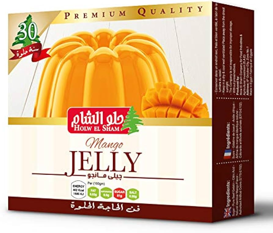Holw El Sham mango jelly treat in 70g package with vibrant orange color and smooth jelly texture.