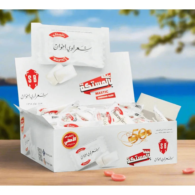 Sharawi Mastic Chewing Gum in a 350g package, showing the white, rectangular gum pieces and the brand label on the packaging.