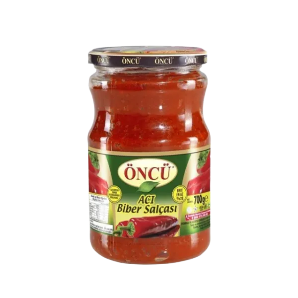 Spicy hot pepper paste in a jar by Oncu, showcasing bright red, chunky chili paste for cooking and flavoring dishes.