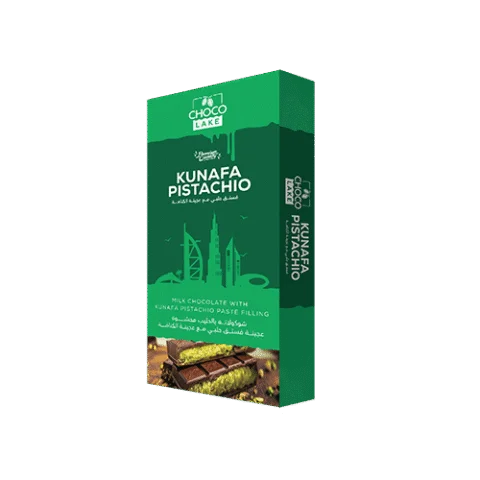 Dubai Chocolate Kunafa with pistachios by Choco Lake, showing a rich, layered dessert with chocolate and pistachio toppings.