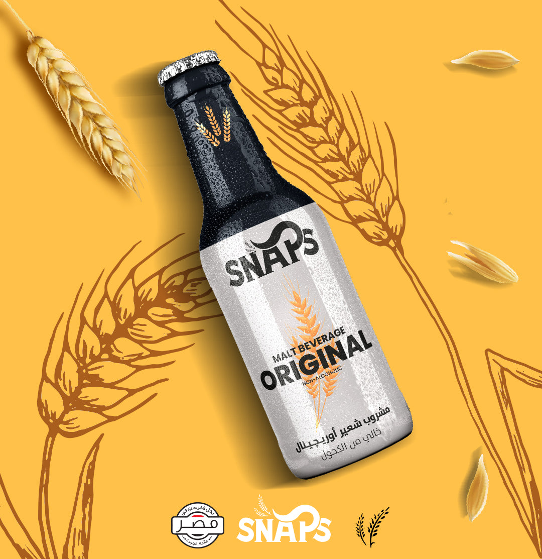 Snaps, Non-Alcoholic Malt Drink, Original Flavor, 250ml, Made in Egypt, glass bottle lying on yellow background with wheat graphics, available at Elsouk Canada