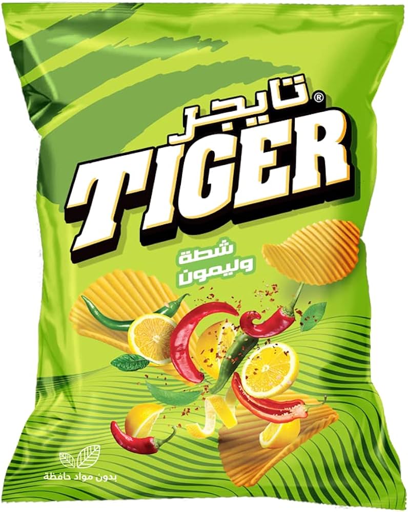 Tiger Chili & Lemon Chips in a colorful bag, featuring tiger branding and a vibrant image of chili peppers and lemon slices.