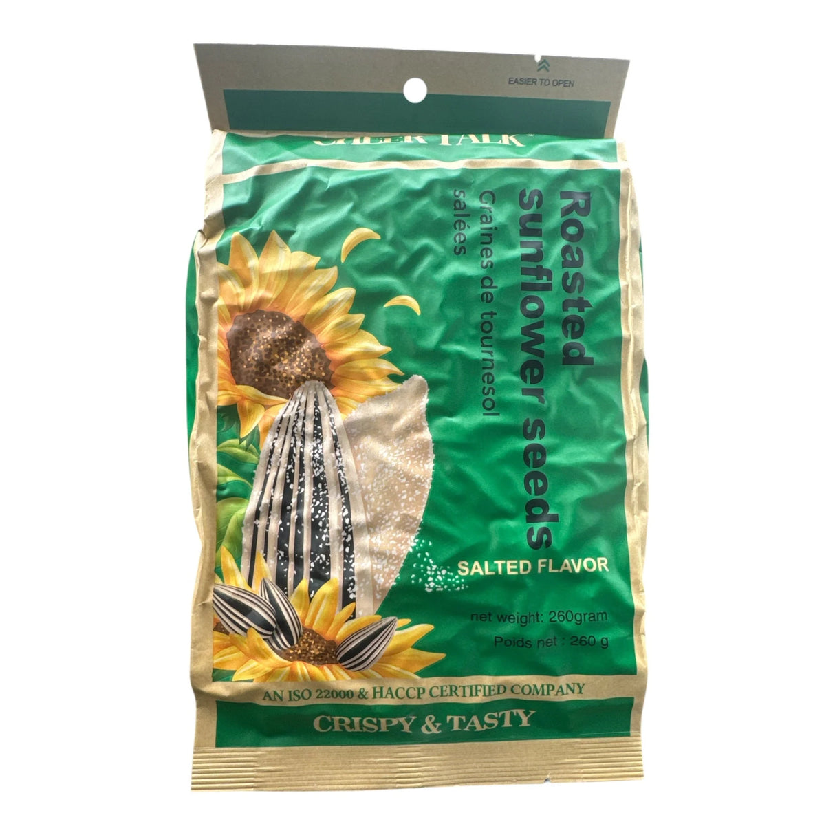 Cheer Talk salted roasted sunflower seeds in 260g bag, showing a close-up of the crunchy, seasoned sunflower seeds.