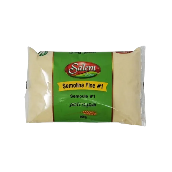 Fine Salem Semolina in a clear bag, showing its light yellow, coarse grain texture perfect for baking and cooking.