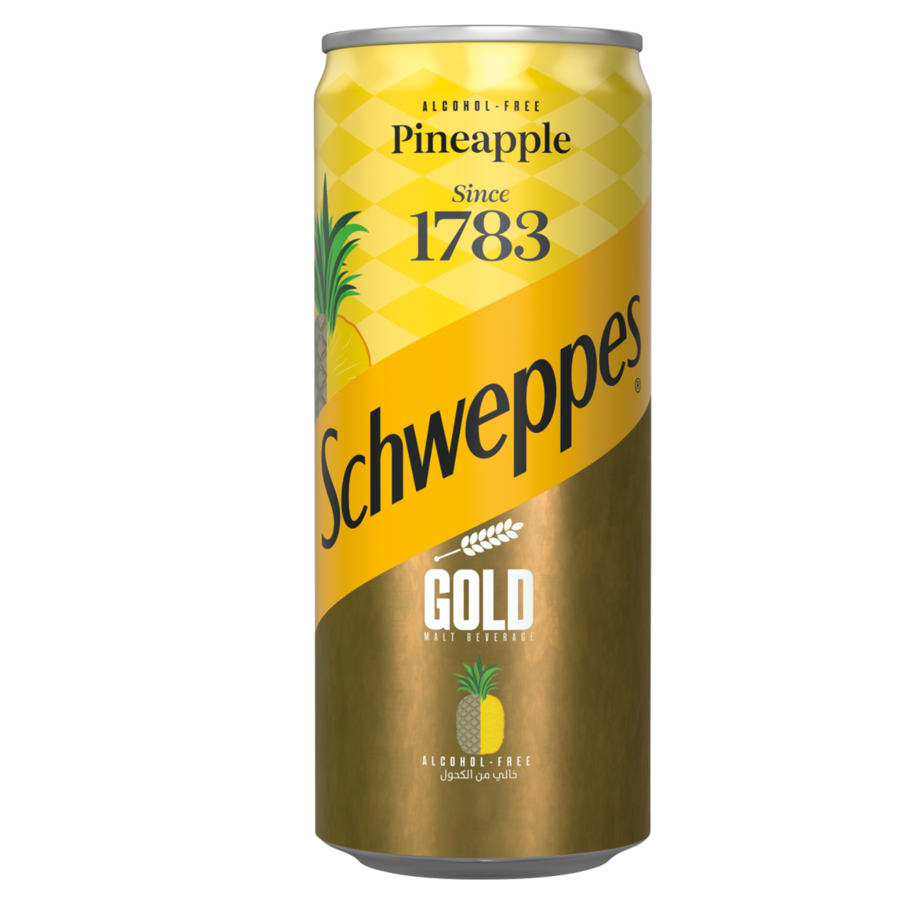 Schweppes Gold, Pineapple Malt Drink, 300ml, glass bottle with golden label and pineapple design, available at Elsouk Canada