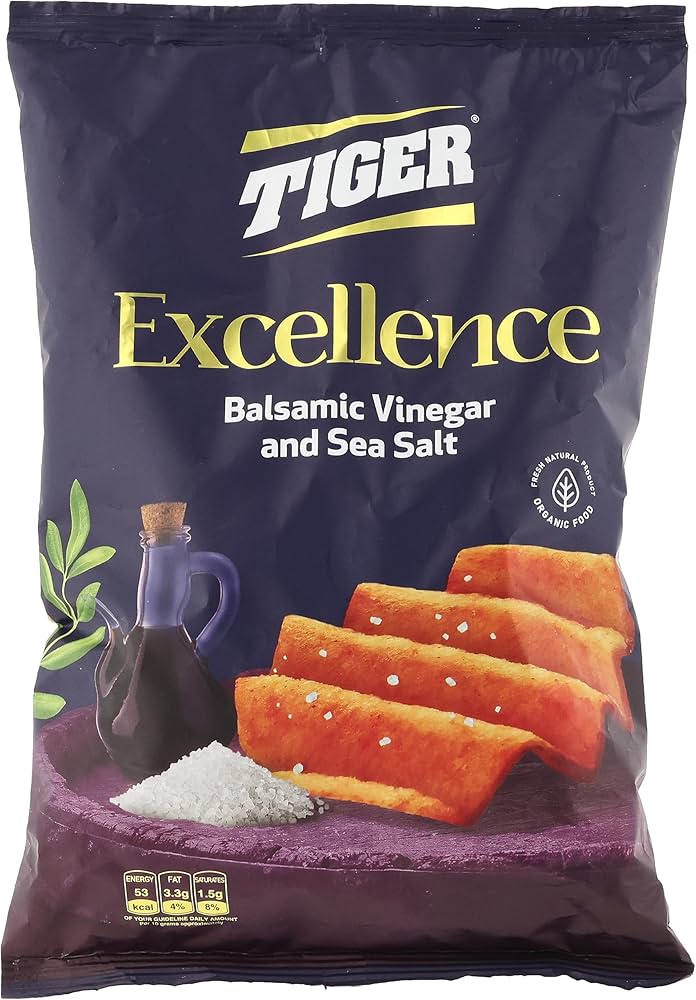 Tiger Excellence Balsamic Vinegar and Sea Salt Chips in a colorful bag with ridged texture and a close-up of chips on the front.