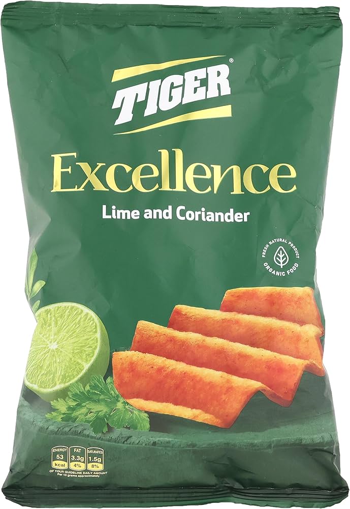 Bag of Tiger Excellence Lime & Coriander Chips showing the colorful packaging and crispy potato chips inside.