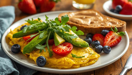 healthy breakfast ideas in a plate with omelet avocado and berries