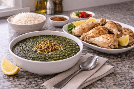 Finished Egyptian Molokhia with Chicken recipe presentation Elsouk