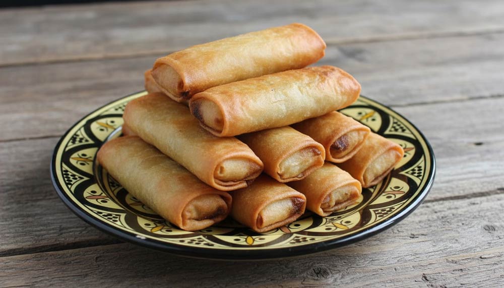 Goulash with Cottage Cheese rolls fried until golden and served on a ceramic plate