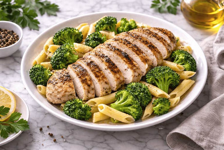 Grilled Chicken with Pasta and Broccoli meal in white plate Elsouk