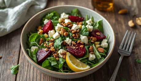 power salad with leafy greens beetroot nuts and cottage cheese