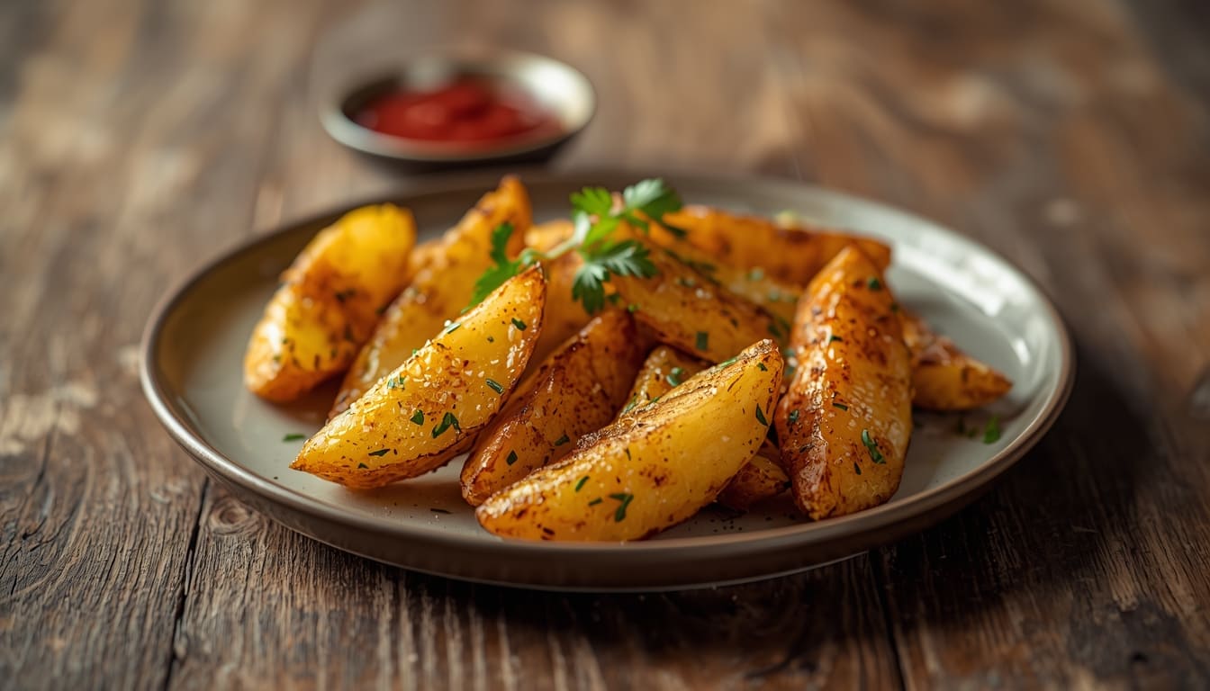 Golden crispy potato wedges on ceramic plate over rustic wooden tables