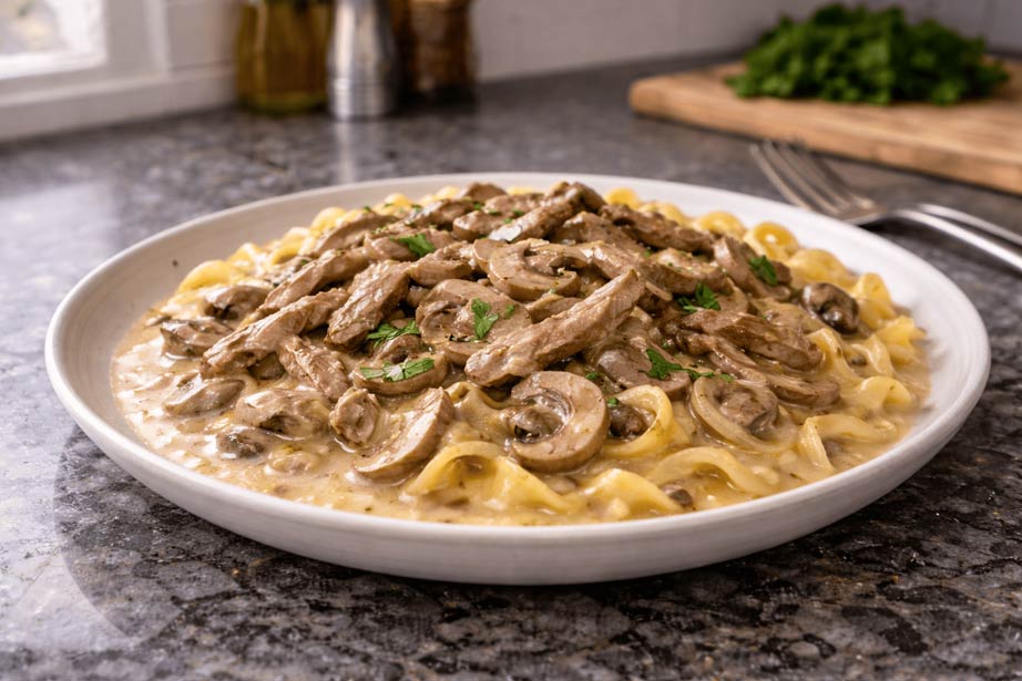 Complete beef stroganoff recipe final dish presentation Elsouk