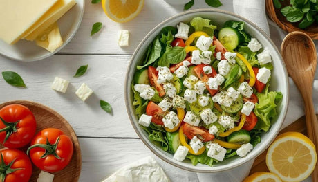 Cheese and salad with cottage cheese tomatoes cucumber and lettuce