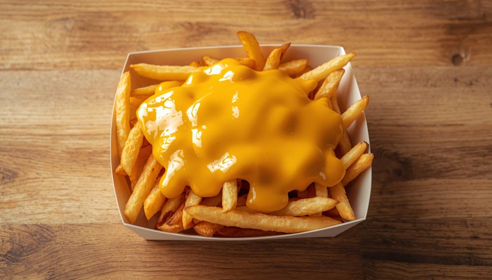 cheese french fries topped with smooth melted cheese sauce served hot