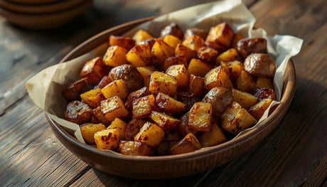 Crispy roasted potatoes served in a rustic bowl with golden brown cubes and seasoned potato pieces on a wooden table