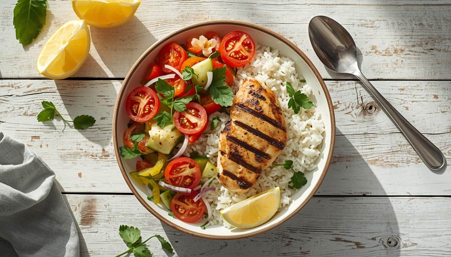 Grilled chicken dishes recipes with grilled chicken breast white rice and fresh vegetable salad on wooden table
