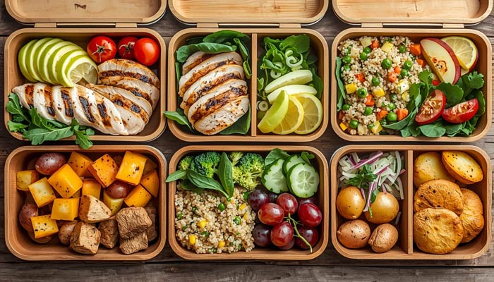 Healthy lunch suggestions cover image with six balanced lunch box recipes on a wooden table