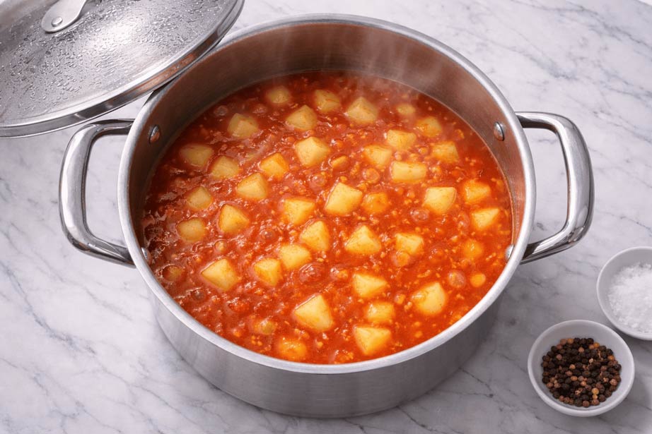 Egyptian potato stew in tomato sauce served warm as part of iftar dishes recipes