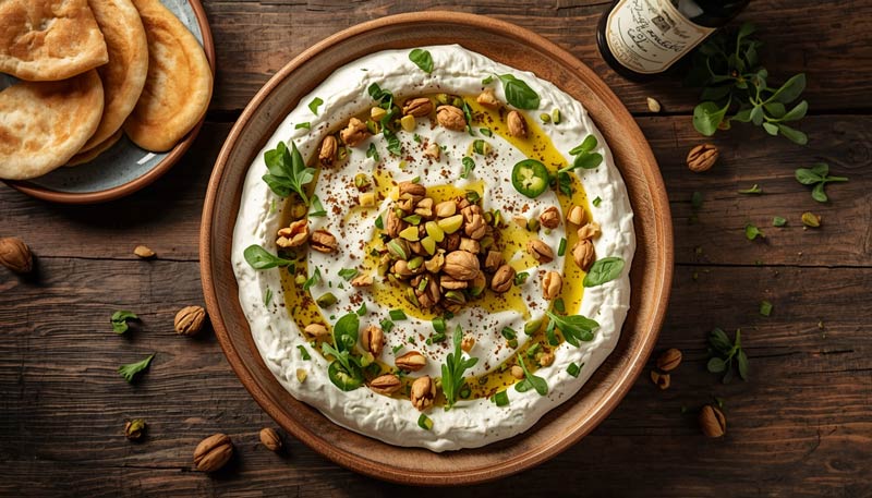 Traditional labneh cheese recipe with olives pistachios and olive oil in ceramic plate