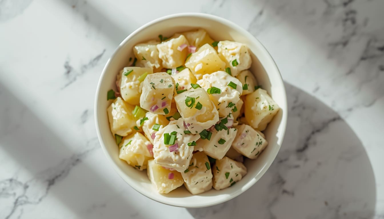 Fresh potato salad recipe with cubed potatoes coated in creamy dressing in a white bowl