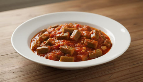 Baby okra in tomato sauce on white plate for ramadan recipes