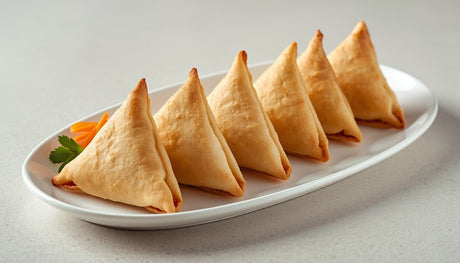 Crispy homemade samosa recipe arranged neatly on a white plate
