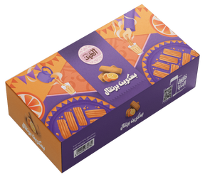 El Abd orange biscuits, 36-piece box, showing golden-orange color and crispy texture of the snack.