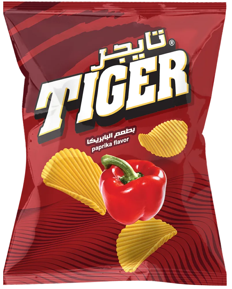 Tiger Paprika Chips snack bag featuring vibrant paprika flavor and colorful tiger branding on crisp, seasoned potato chips