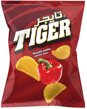 Tiger Paprika Chips snack bag featuring vibrant paprika flavor and colorful tiger branding on crisp, seasoned potato chips