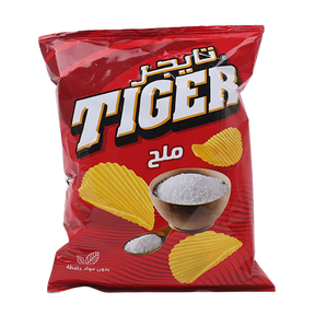 Golden tiger salt chips in a bowl, crispy snack with visible salt crystals, showcasing the Tiger brand snack.