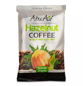 Packet of Abu Auf Hazelnut Coffee in 100g size, featuring hot drink packaging with hazelnut flavor and branding.
