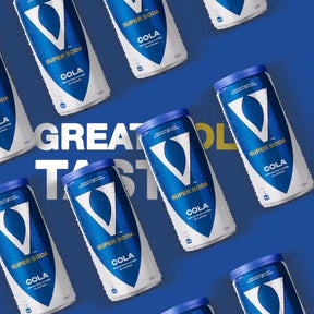 V7 V Super Cola 300ml caffeine-free cola soft drink bottle with clear label and cap, on white background.