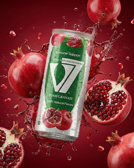 V7 Vitamin Sparkling Drink Pomegranate 300ml bottle with vibrant red liquid and label showcasing pomegranate flavor.